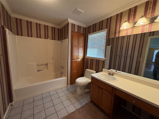 full bathroom featuring vanity, toilet, tile patterned flooring, and a textured ceiling