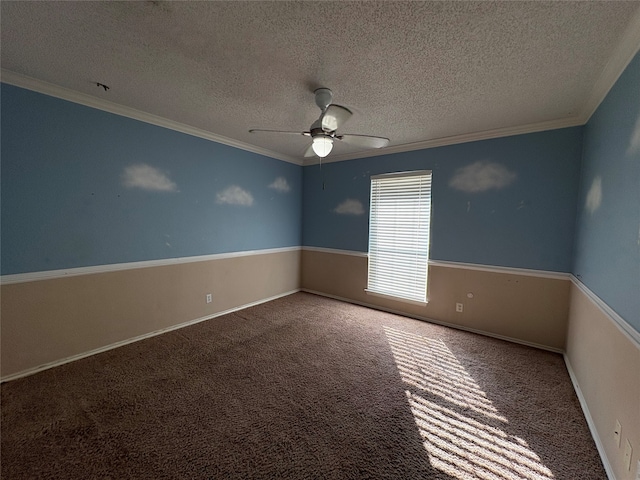 unfurnished room with carpet floors, a textured ceiling, and ornamental molding