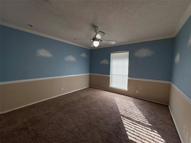 unfurnished room featuring crown molding, carpet floors, and ceiling fan