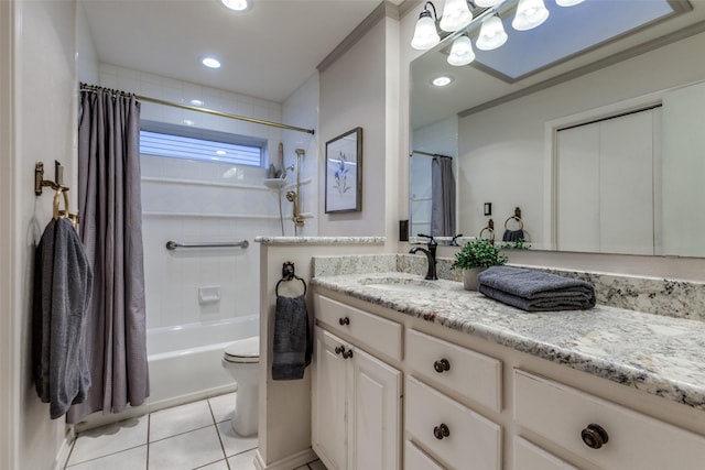 full bathroom featuring vanity, shower / tub combo, tile patterned floors, and toilet