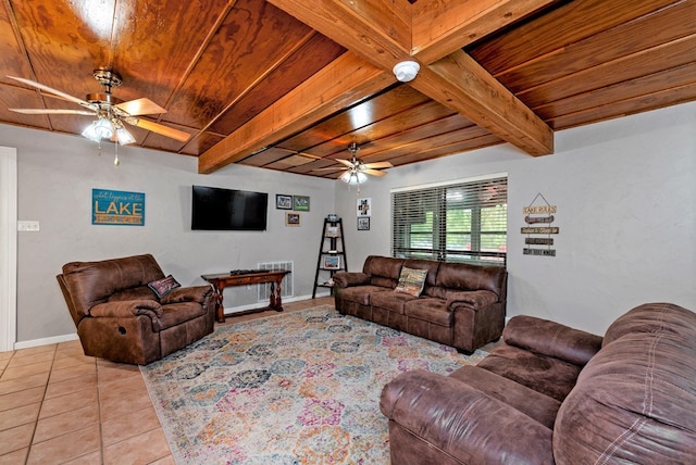 tiled living room with ceiling fan, wooden ceiling, and beam ceiling