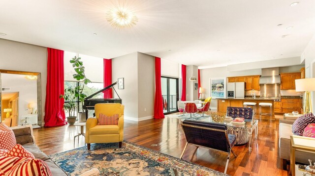 living room with sink and dark wood-type flooring