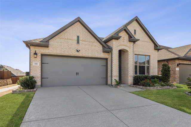 view of front of home with a garage and a front lawn