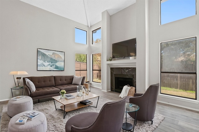 living room with light wood-type flooring, a fireplace, and high vaulted ceiling