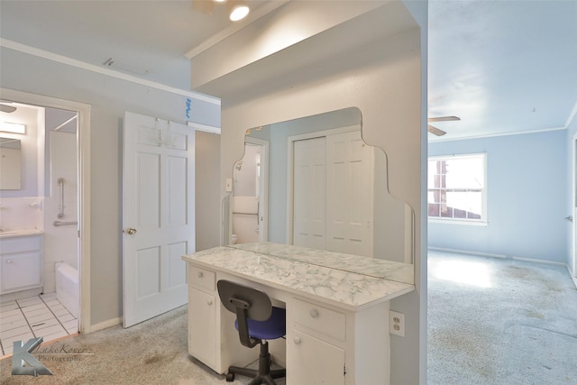 carpeted office space featuring crown molding