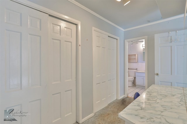 carpeted bedroom featuring crown molding and ensuite bathroom