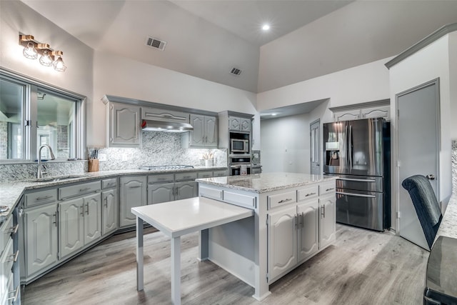 kitchen with gray cabinets, sink, decorative backsplash, a center island, and stainless steel appliances