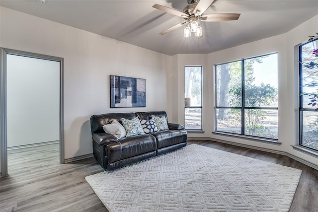 living room with ceiling fan and light wood-type flooring