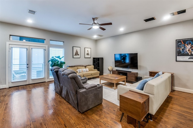 5618 Lindell Ave Unit 7, Dallas, TX 75206 - living room featuring ceiling fan, french doors, dark wood-style flooring, and recessed lighting