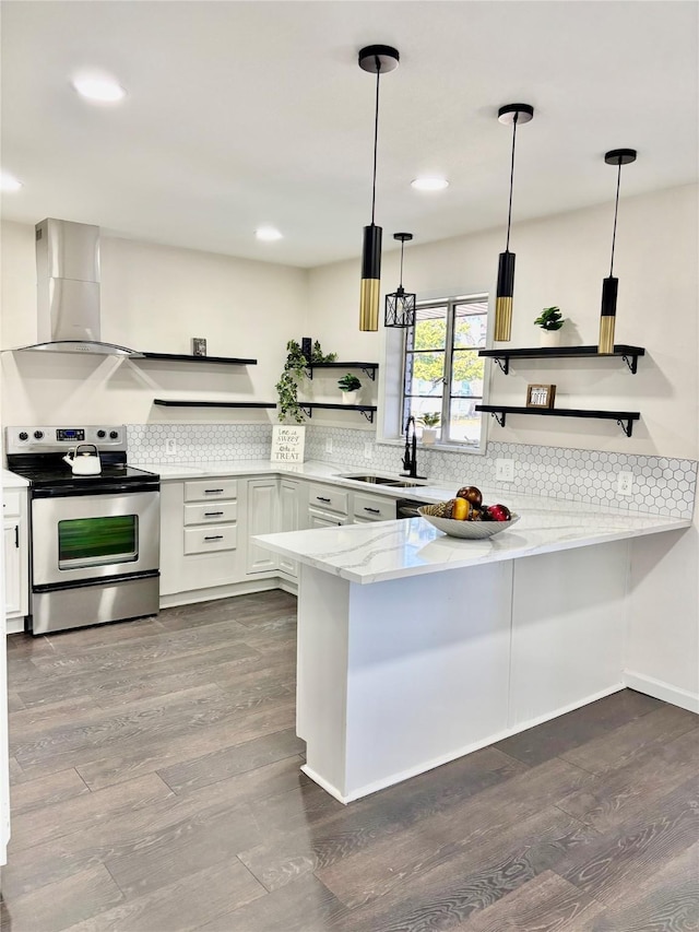 kitchen featuring white cabinets, stainless steel range with electric cooktop, sink, and kitchen peninsula