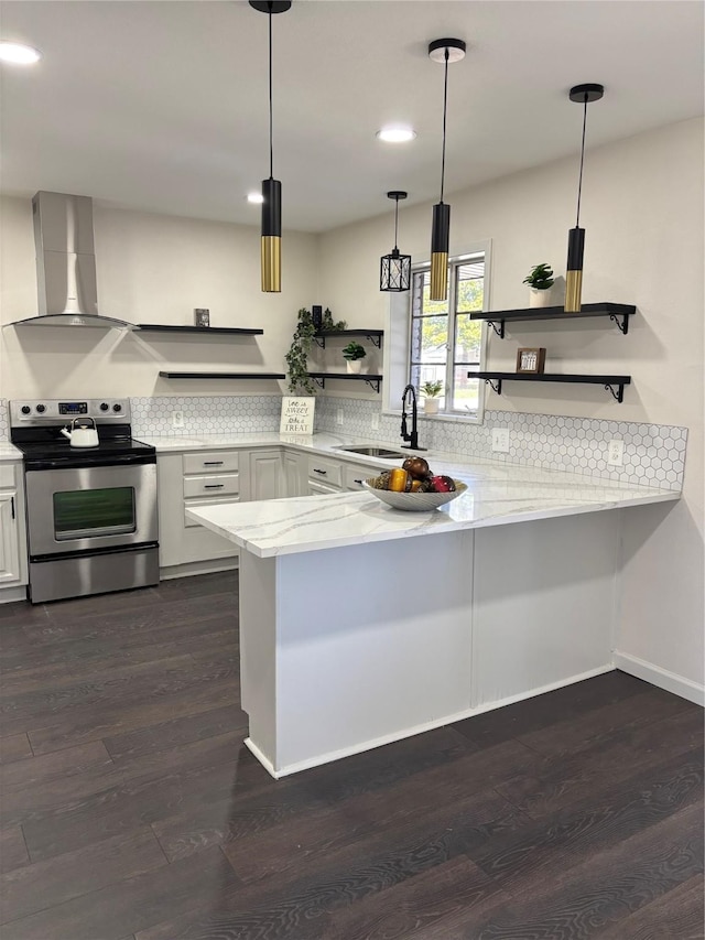 kitchen with electric stove, sink, white cabinetry, wall chimney exhaust hood, and kitchen peninsula