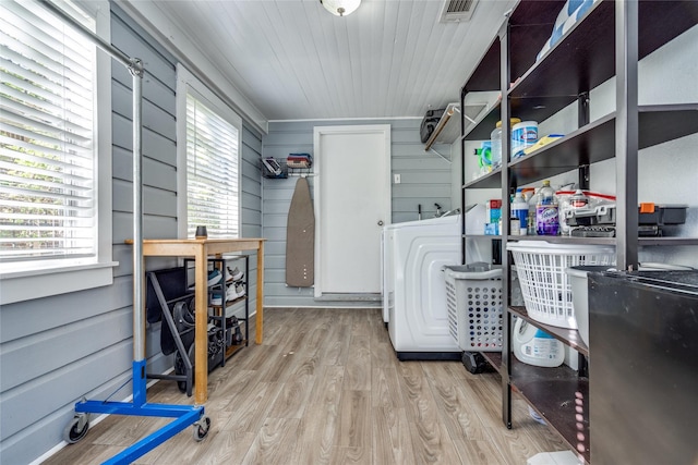 laundry area featuring a healthy amount of sunlight, wooden ceiling, washer / clothes dryer, and wood finished floors