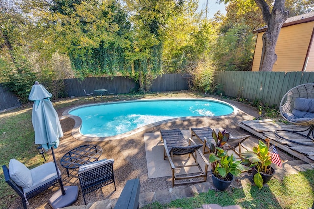 view of pool featuring a fenced in pool, a fenced backyard, and a patio