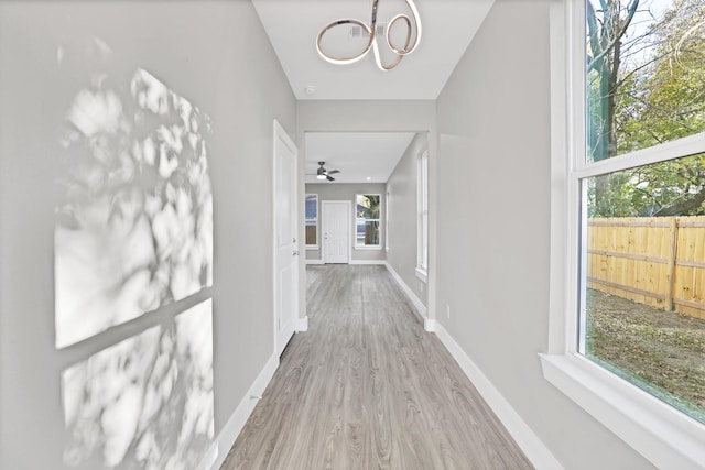 corridor featuring a chandelier, hardwood / wood-style floors, and a wealth of natural light