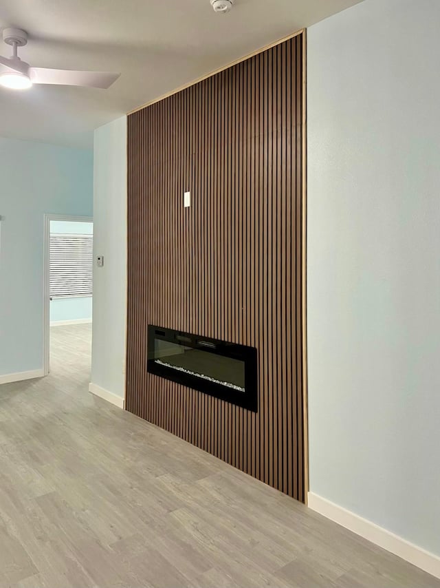 details featuring baseboards, a ceiling fan, and wood finished floors