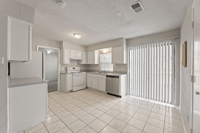 kitchen with dishwasher, white cabinetry, and white electric stove