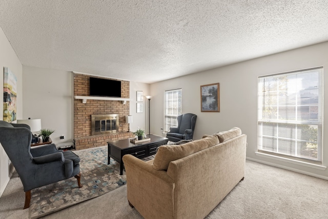 living room featuring light colored carpet, a textured ceiling, and a brick fireplace