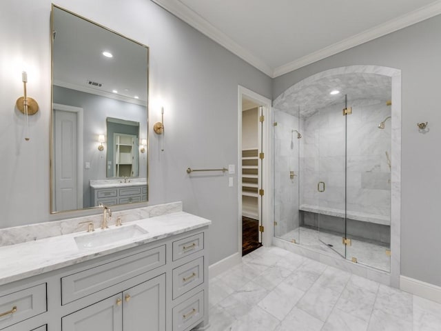 bathroom featuring walk in shower, vanity, and ornamental molding