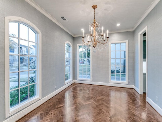 unfurnished dining area featuring dark parquet floors, a healthy amount of sunlight, and an inviting chandelier