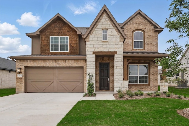 view of front of home featuring a standing seam roof, driveway, a garage, brick siding, and a front lawn