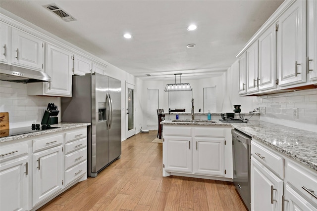 kitchen featuring white cabinetry, stainless steel appliances, and pendant lighting