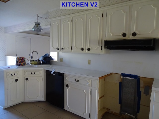 kitchen with sink, white cabinets, and black dishwasher