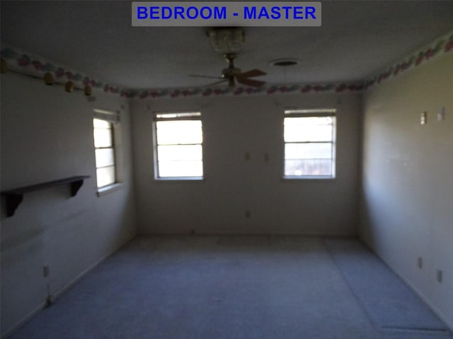 empty room with carpet flooring, plenty of natural light, and ceiling fan