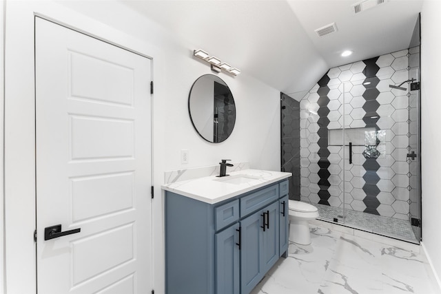 bathroom featuring vanity, toilet, an enclosed shower, and lofted ceiling