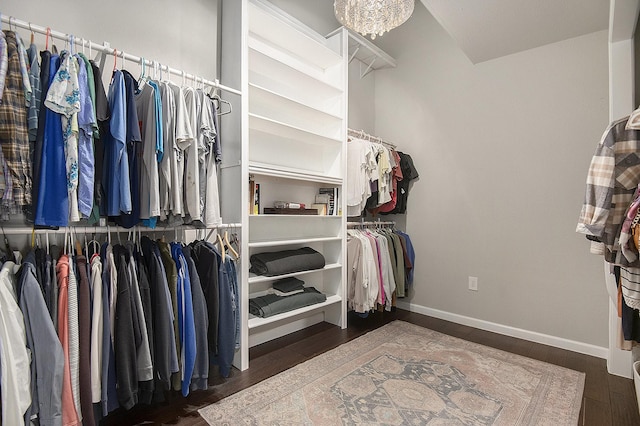 walk in closet featuring a chandelier and dark hardwood / wood-style floors