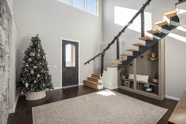 entryway with dark hardwood / wood-style flooring and a towering ceiling