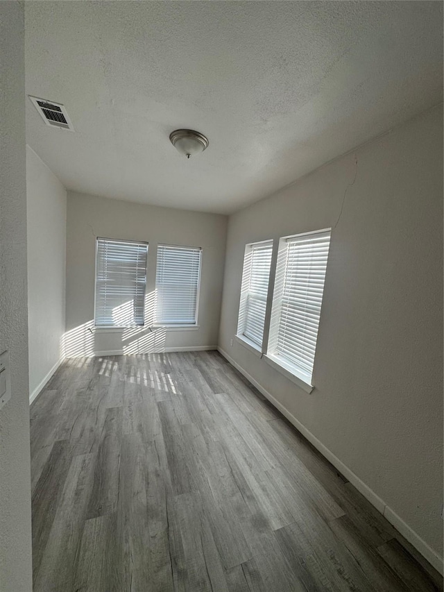 empty room with a textured ceiling and light hardwood / wood-style flooring