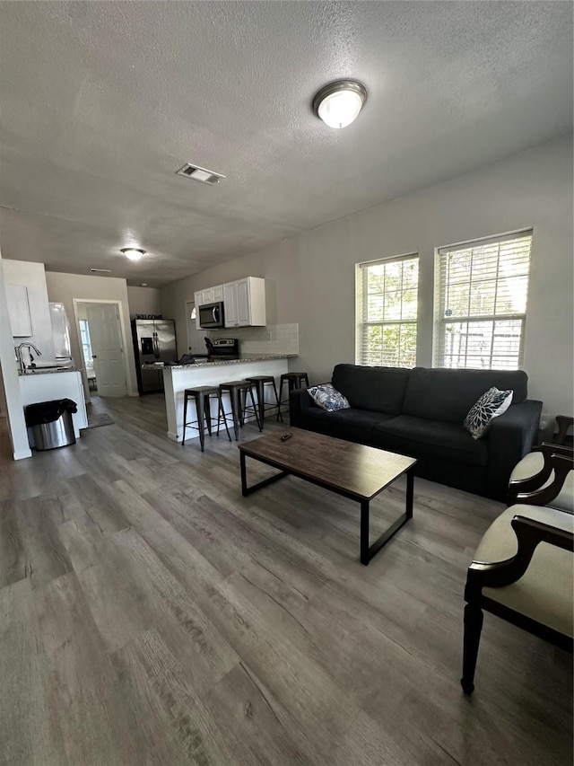 living room featuring a textured ceiling and light hardwood / wood-style flooring