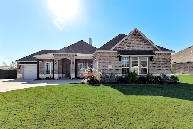 ranch-style home featuring a garage and a front lawn