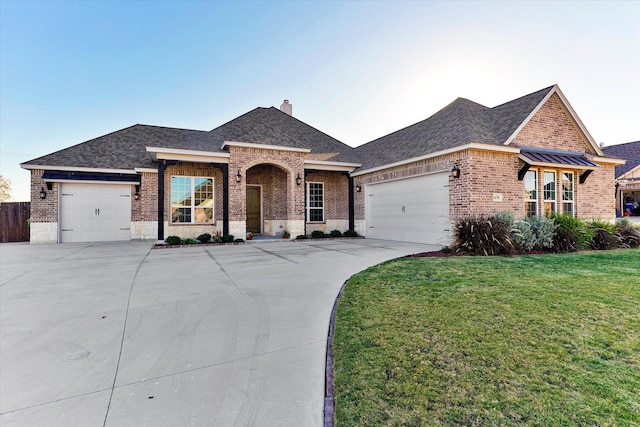 view of front of property with a front yard and a garage