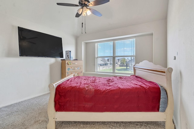 bedroom with ceiling fan and carpet floors