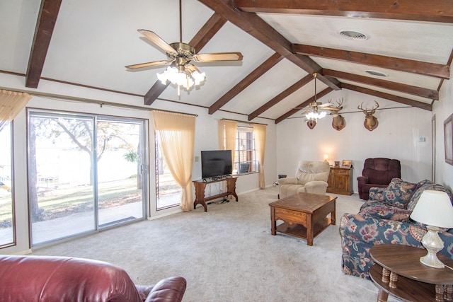 living room featuring light carpet, plenty of natural light, ceiling fan, and lofted ceiling with beams