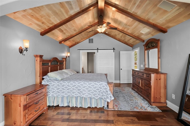 bedroom featuring vaulted ceiling with beams, dark hardwood / wood-style flooring, a barn door, and wooden ceiling