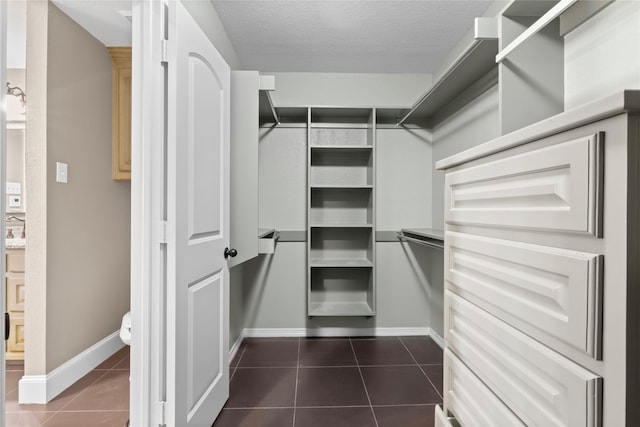 spacious closet featuring dark tile patterned flooring