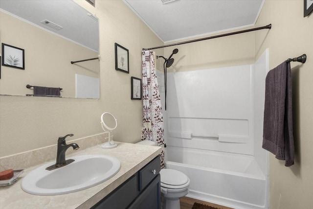 full bathroom featuring vanity, toilet, shower / bathtub combination with curtain, ornamental molding, and wood-type flooring