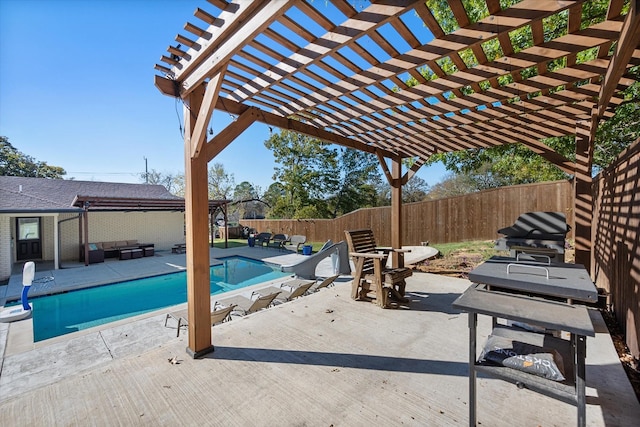 view of swimming pool with a pergola, an outdoor living space, a fenced backyard, a fenced in pool, and a water slide