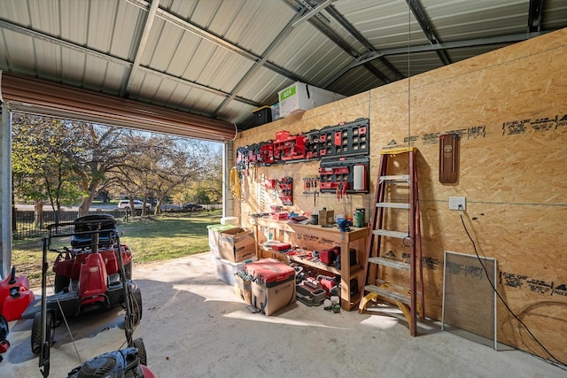 garage with a workshop area