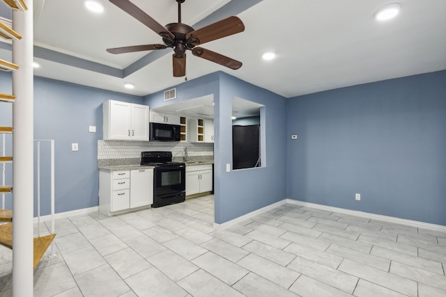 kitchen featuring light stone countertops, ceiling fan, backsplash, white cabinets, and black appliances