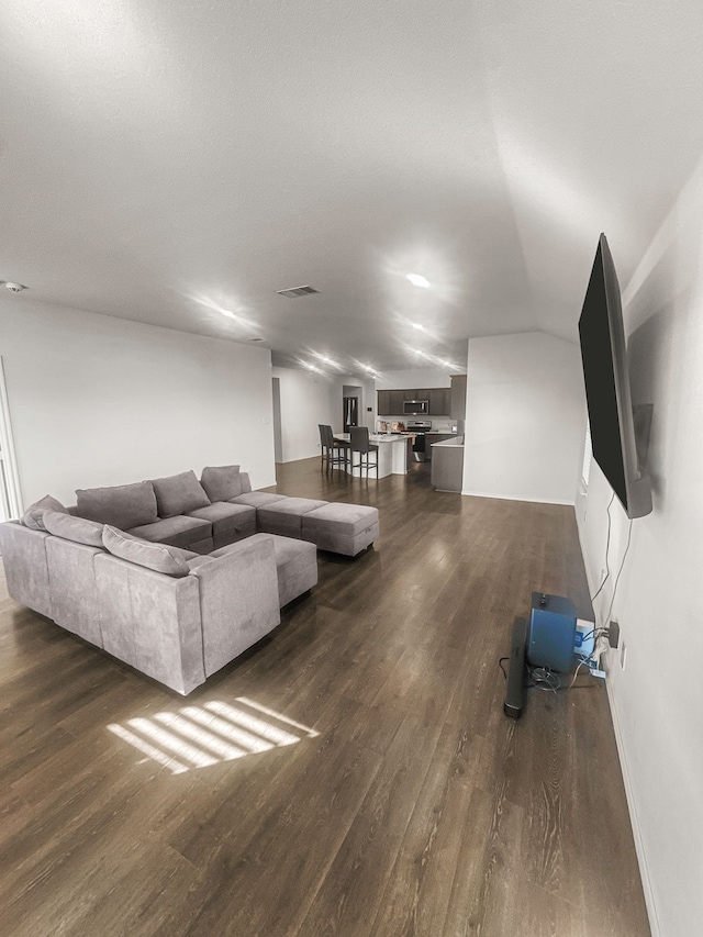 living room featuring lofted ceiling and dark wood-type flooring