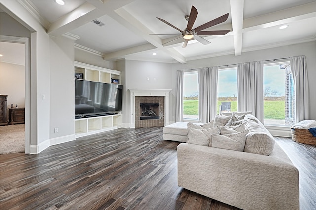 living room featuring ceiling fan, coffered ceiling, dark wood-type flooring, and beam ceiling