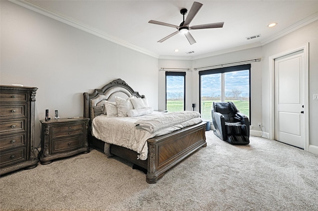 bedroom with crown molding, light colored carpet, access to exterior, and ceiling fan