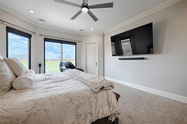 carpeted bedroom with crown molding, access to outside, and ceiling fan