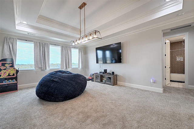 sitting room with light carpet, crown molding, and a raised ceiling