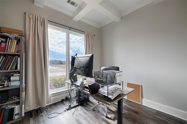 office with wood-type flooring, coffered ceiling, crown molding, and beam ceiling