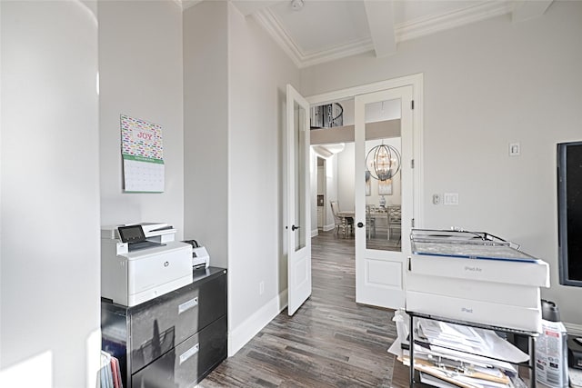 office space with beam ceiling, dark wood-type flooring, ornamental molding, and french doors