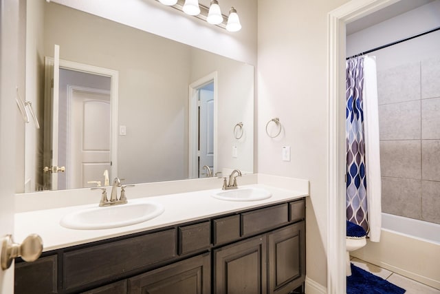 full bathroom with tile patterned flooring, vanity, shower / bath combination with curtain, and toilet